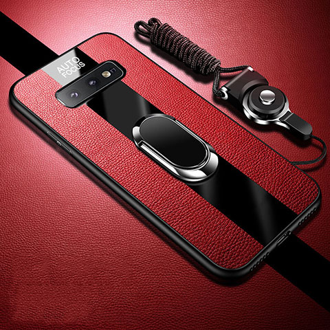 Coque Silicone Gel Motif Cuir Housse Etui avec Support Bague Anneau Aimante Magnetique T02 pour Samsung Galaxy S10e Rouge