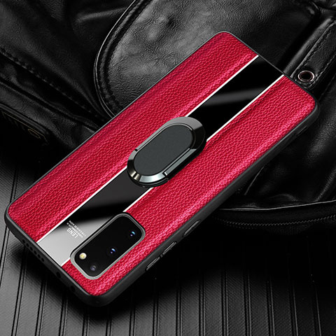 Coque Silicone Gel Motif Cuir Housse Etui avec Support Bague Anneau Aimante Magnetique T02 pour Samsung Galaxy S20 5G Rouge