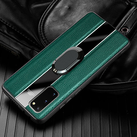 Coque Silicone Gel Motif Cuir Housse Etui avec Support Bague Anneau Aimante Magnetique T02 pour Samsung Galaxy S20 5G Vert