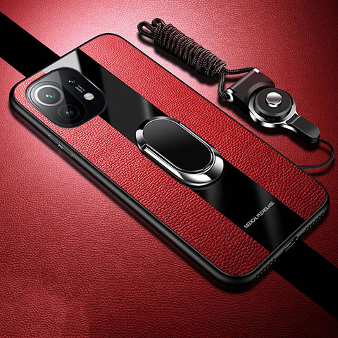 Coque Silicone Gel Motif Cuir Housse Etui avec Support Bague Anneau Aimante Magnetique T02 pour Xiaomi Mi 11 Lite 5G NE Rouge