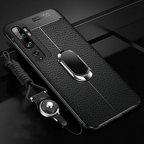 Coque Silicone Gel Motif Cuir Housse Etui avec Support Bague Anneau Aimante Magnetique T02 pour Xiaomi Mi Note 10 Noir