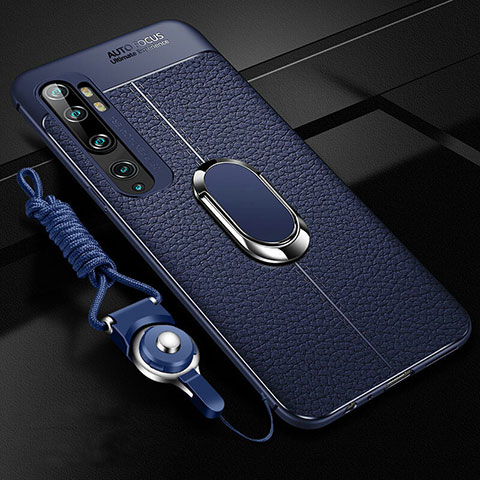 Coque Silicone Gel Motif Cuir Housse Etui avec Support Bague Anneau Aimante Magnetique T02 pour Xiaomi Mi Note 10 Pro Bleu