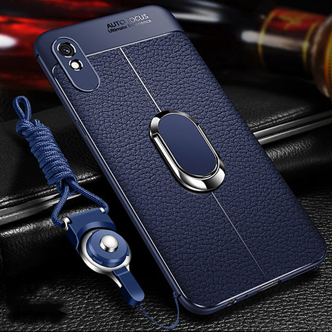 Coque Silicone Gel Motif Cuir Housse Etui avec Support Bague Anneau Aimante Magnetique T02 pour Xiaomi Redmi 9A Bleu