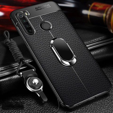 Coque Silicone Gel Motif Cuir Housse Etui avec Support Bague Anneau Aimante Magnetique T02 pour Xiaomi Redmi Note 8 (2021) Noir