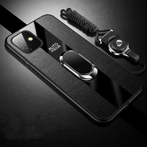 Coque Silicone Gel Motif Cuir Housse Etui avec Support Bague Anneau Aimante Magnetique T03 pour Apple iPhone 11 Noir