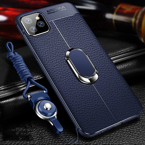 Coque Silicone Gel Motif Cuir Housse Etui avec Support Bague Anneau Aimante Magnetique T03 pour Apple iPhone 11 Pro Max Bleu