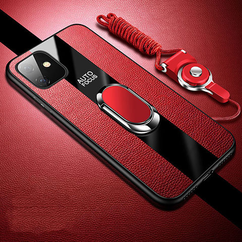 Coque Silicone Gel Motif Cuir Housse Etui avec Support Bague Anneau Aimante Magnetique T03 pour Apple iPhone 11 Rouge