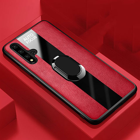 Coque Silicone Gel Motif Cuir Housse Etui avec Support Bague Anneau Aimante Magnetique T03 pour Huawei Honor 20 Rouge