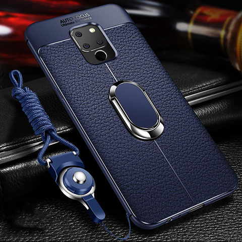 Coque Silicone Gel Motif Cuir Housse Etui avec Support Bague Anneau Aimante Magnetique T03 pour Huawei Mate 20 X 5G Bleu