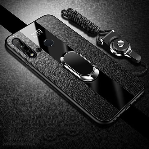 Coque Silicone Gel Motif Cuir Housse Etui avec Support Bague Anneau Aimante Magnetique T03 pour Huawei P20 Lite (2019) Noir