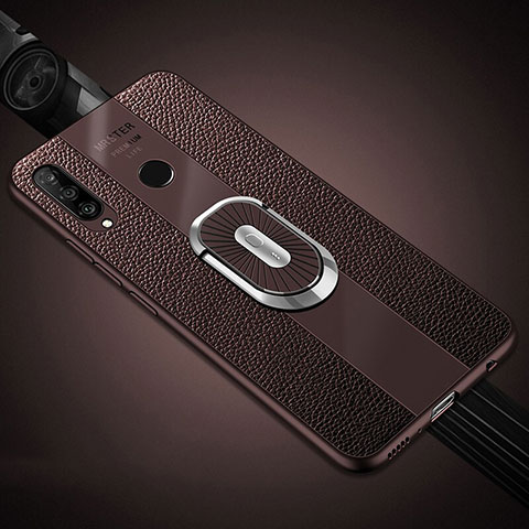 Coque Silicone Gel Motif Cuir Housse Etui avec Support Bague Anneau Aimante Magnetique T03 pour Huawei P30 Lite XL Marron