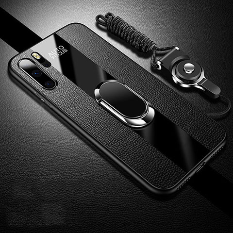 Coque Silicone Gel Motif Cuir Housse Etui avec Support Bague Anneau Aimante Magnetique T03 pour Huawei P30 Pro New Edition Noir