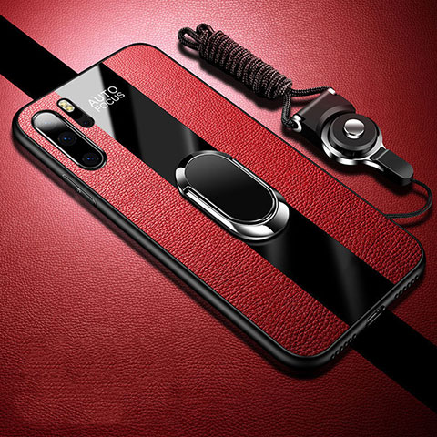 Coque Silicone Gel Motif Cuir Housse Etui avec Support Bague Anneau Aimante Magnetique T03 pour Huawei P30 Pro Rouge