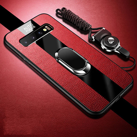 Coque Silicone Gel Motif Cuir Housse Etui avec Support Bague Anneau Aimante Magnetique T03 pour Samsung Galaxy S10 Plus Rouge