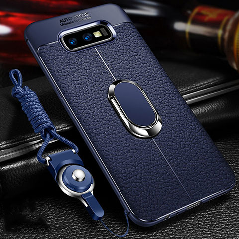 Coque Silicone Gel Motif Cuir Housse Etui avec Support Bague Anneau Aimante Magnetique T03 pour Samsung Galaxy S10e Bleu