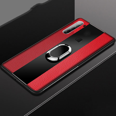 Coque Silicone Gel Motif Cuir Housse Etui avec Support Bague Anneau Aimante Magnetique T03 pour Xiaomi Redmi Note 8 (2021) Rouge