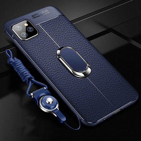 Coque Silicone Gel Motif Cuir Housse Etui avec Support Bague Anneau Aimante Magnetique T04 pour Apple iPhone 11 Pro Max Bleu