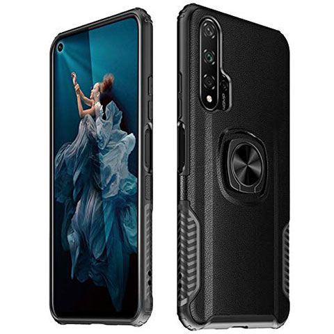 Coque Silicone Gel Motif Cuir Housse Etui avec Support Bague Anneau Aimante Magnetique T04 pour Huawei Honor 20 Pro Noir