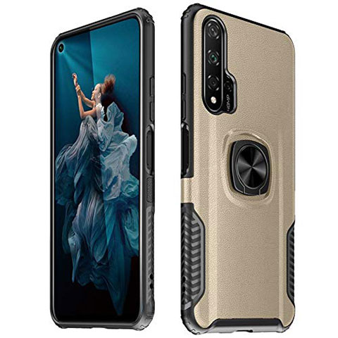 Coque Silicone Gel Motif Cuir Housse Etui avec Support Bague Anneau Aimante Magnetique T04 pour Huawei Honor 20 Pro Or