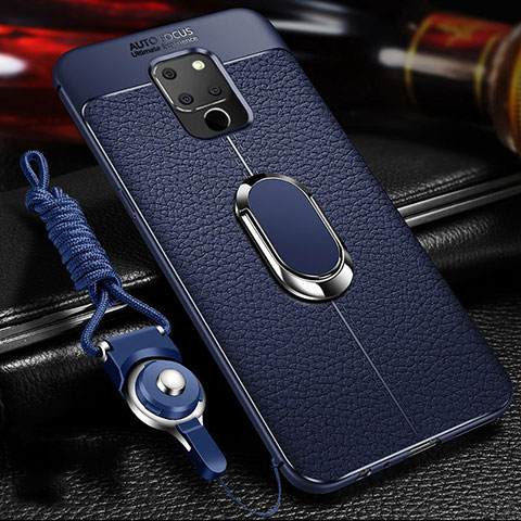 Coque Silicone Gel Motif Cuir Housse Etui avec Support Bague Anneau Aimante Magnetique T04 pour Huawei Mate 20 Bleu