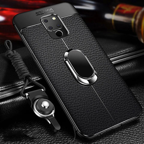 Coque Silicone Gel Motif Cuir Housse Etui avec Support Bague Anneau Aimante Magnetique T04 pour Huawei Mate 20 Noir