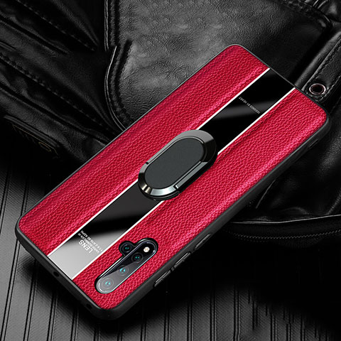 Coque Silicone Gel Motif Cuir Housse Etui avec Support Bague Anneau Aimante Magnetique T04 pour Huawei Nova 5 Pro Rouge