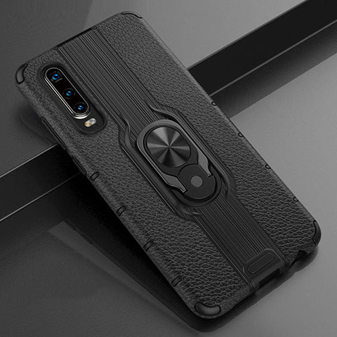 Coque Silicone Gel Motif Cuir Housse Etui avec Support Bague Anneau Aimante Magnetique T04 pour Huawei P30 Noir