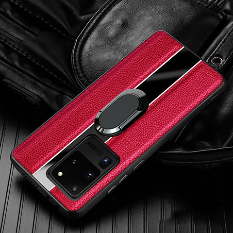 Coque Silicone Gel Motif Cuir Housse Etui avec Support Bague Anneau Aimante Magnetique T04 pour Samsung Galaxy S20 Ultra 5G Rouge