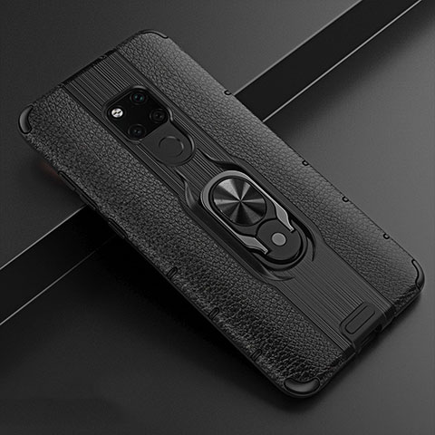 Coque Silicone Gel Motif Cuir Housse Etui avec Support Bague Anneau Aimante Magnetique T05 pour Huawei Mate 20 Noir