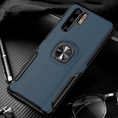 Coque Silicone Gel Motif Cuir Housse Etui avec Support Bague Anneau Aimante Magnetique T05 pour Huawei P30 Pro Bleu