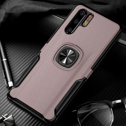 Coque Silicone Gel Motif Cuir Housse Etui avec Support Bague Anneau Aimante Magnetique T05 pour Huawei P30 Pro Or Rose