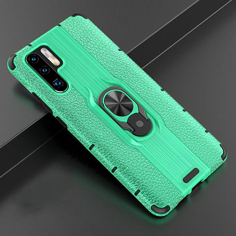 Coque Silicone Gel Motif Cuir Housse Etui avec Support Bague Anneau Aimante Magnetique T06 pour Huawei P30 Pro New Edition Vert