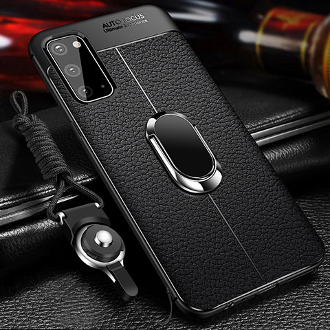 Coque Silicone Gel Motif Cuir Housse Etui avec Support Bague Anneau Aimante Magnetique WL1 pour Samsung Galaxy S20 5G Noir