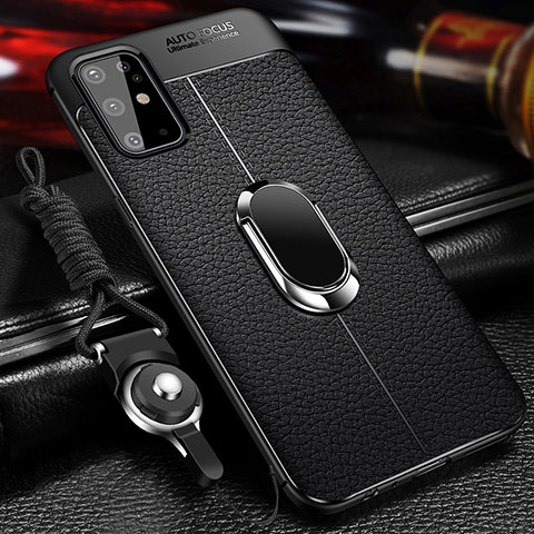 Coque Silicone Gel Motif Cuir Housse Etui avec Support Bague Anneau Aimante Magnetique WL1 pour Samsung Galaxy S20 Plus 5G Noir