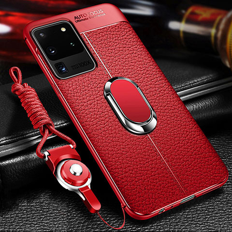 Coque Silicone Gel Motif Cuir Housse Etui avec Support Bague Anneau Aimante Magnetique WL1 pour Samsung Galaxy S20 Ultra 5G Rouge