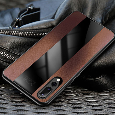 Coque Silicone Gel Motif Cuir Housse Etui H03 pour Huawei P20 Pro Marron