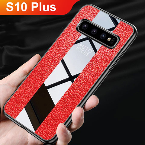 Coque Silicone Gel Motif Cuir Housse Etui L01 pour Samsung Galaxy S10 Plus Rouge