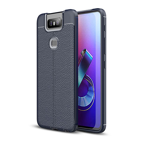 Coque Silicone Gel Motif Cuir Housse Etui pour Asus Zenfone 6 ZS630KL Bleu