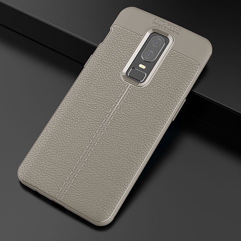 Coque Silicone Gel Motif Cuir Housse Etui pour OnePlus 6 Gris