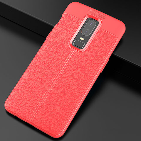 Coque Silicone Gel Motif Cuir Housse Etui pour OnePlus 6 Rouge