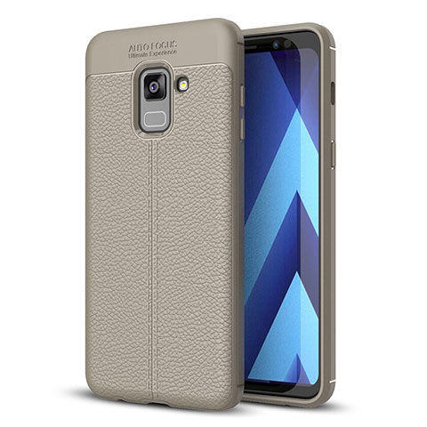 Coque Silicone Gel Motif Cuir Housse Etui pour Samsung Galaxy A8+ A8 Plus (2018) Duos A730F Gris