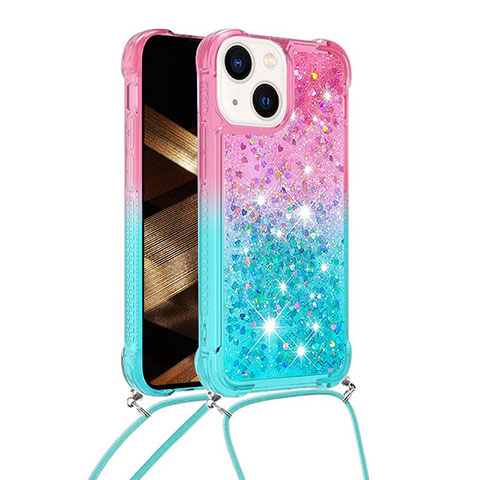 Coque Silicone Housse Etui Gel Bling-Bling avec Laniere Strap S01 pour Apple iPhone 14 Plus Rose