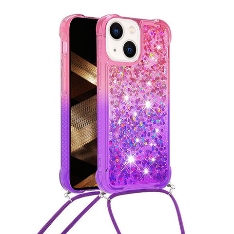 Coque Silicone Housse Etui Gel Bling-Bling avec Laniere Strap S01 pour Apple iPhone 15 Plus Rose Rouge