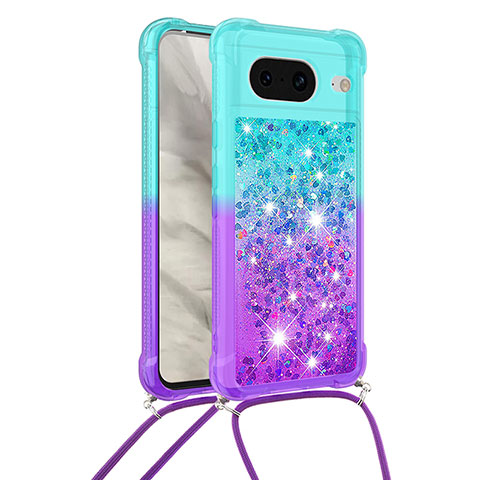 Coque Silicone Housse Etui Gel Bling-Bling avec Laniere Strap S01 pour Google Pixel 8 5G Bleu Ciel