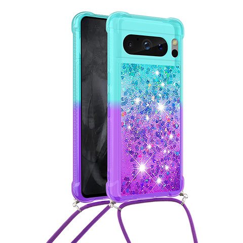 Coque Silicone Housse Etui Gel Bling-Bling avec Laniere Strap S01 pour Google Pixel 8 Pro 5G Bleu Ciel