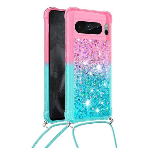 Coque Silicone Housse Etui Gel Bling-Bling avec Laniere Strap S01 pour Google Pixel 8 Pro 5G Rose