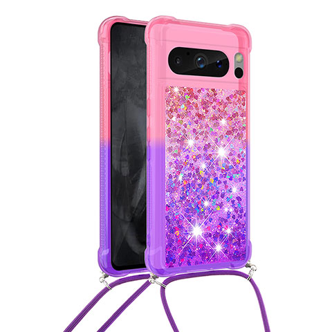 Coque Silicone Housse Etui Gel Bling-Bling avec Laniere Strap S01 pour Google Pixel 8 Pro 5G Rose Rouge