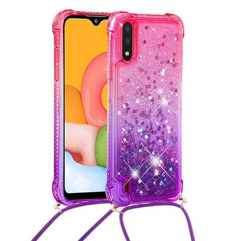 Coque Silicone Housse Etui Gel Bling-Bling avec Laniere Strap S01 pour Samsung Galaxy A01 SM-A015 Rose Rouge