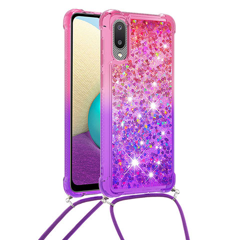 Coque Silicone Housse Etui Gel Bling-Bling avec Laniere Strap S01 pour Samsung Galaxy A02 Rose