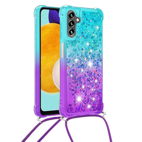 Coque Silicone Housse Etui Gel Bling-Bling avec Laniere Strap S01 pour Samsung Galaxy A04s Bleu Ciel